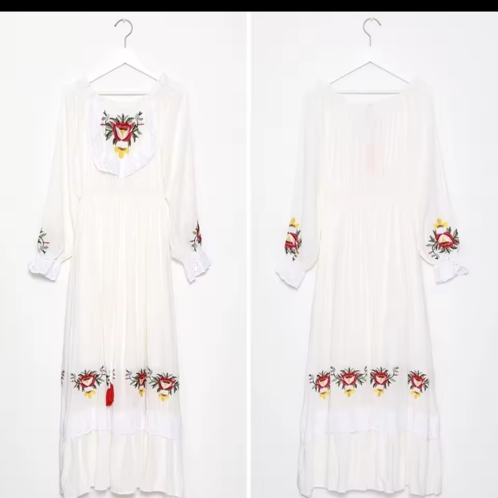 Bohemian Off-Shoulder Embroidered Cream Dress - Picture 6 of 15